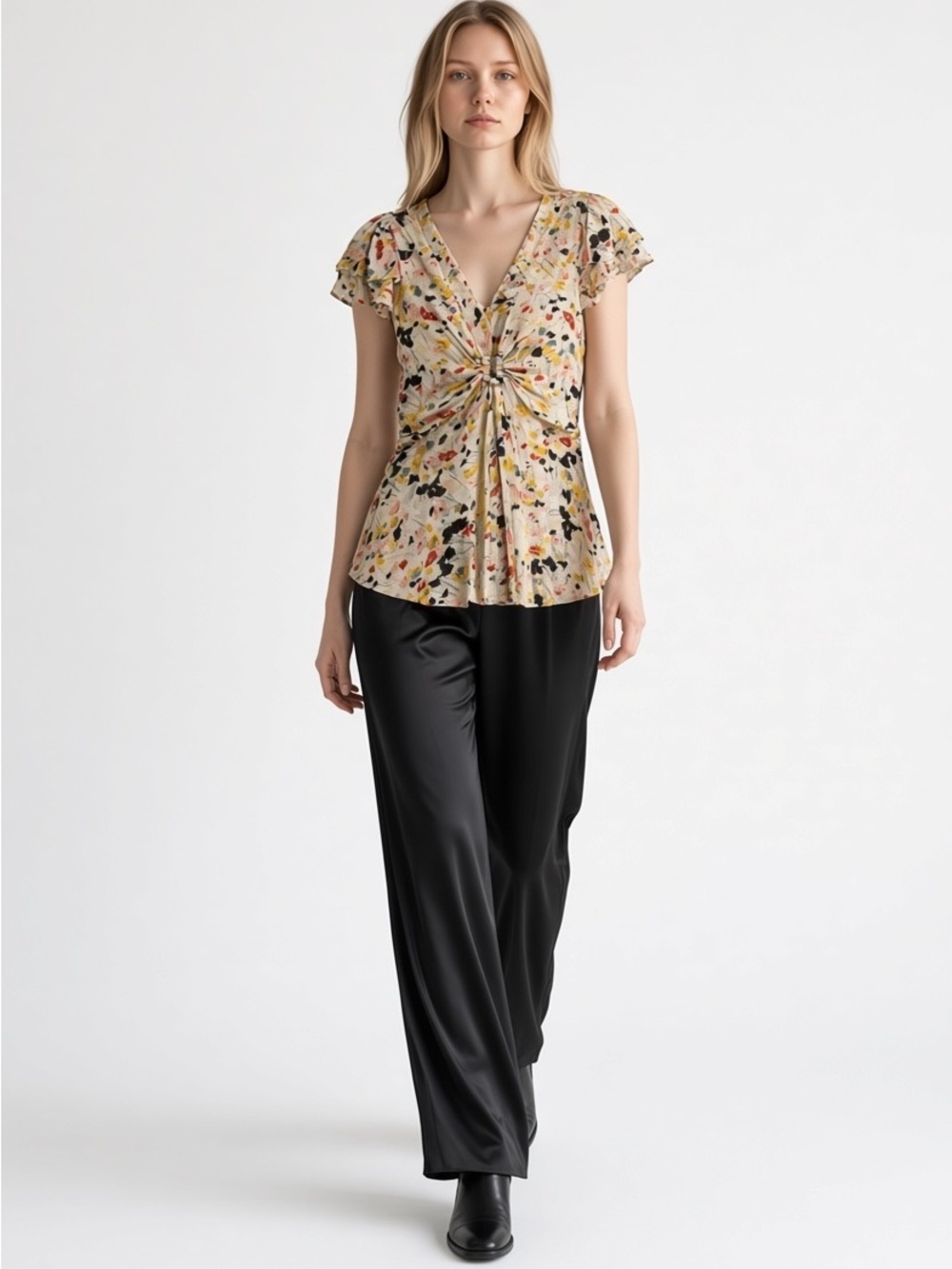 Diane von Furstenberg Silk Floral Top Flutter Sleeve Small